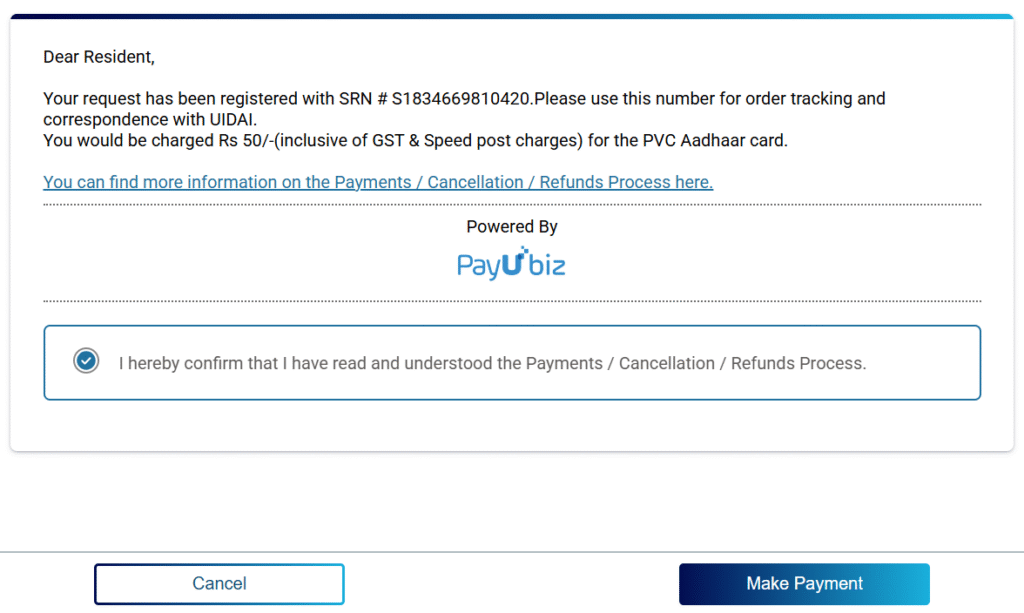 PVC Aadhaar Card Order payement page